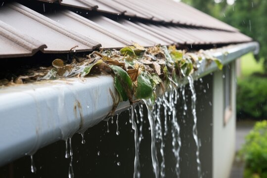 Blocked gutter overflowing with leaves and debris
