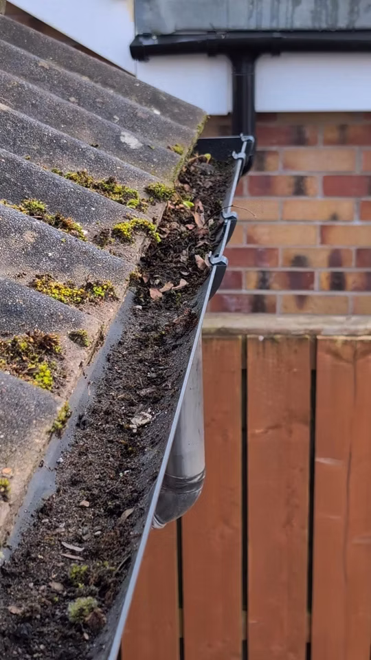 Blocked guttering showing accumulated debris